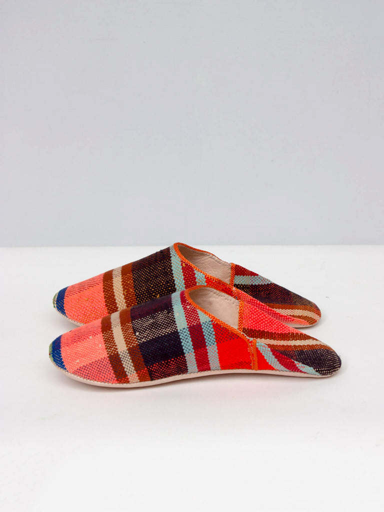 Detail of a pair of limited edition Moroccan Boujad Fabric Basic Babouche Slippers, Sunset Check