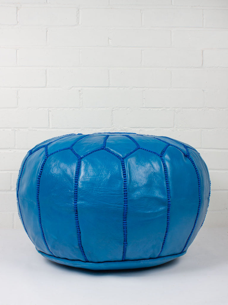 Bohemia Design Handmade Moroccan Leather Pouffe in Bright Blue with Embroidered Star Pattern