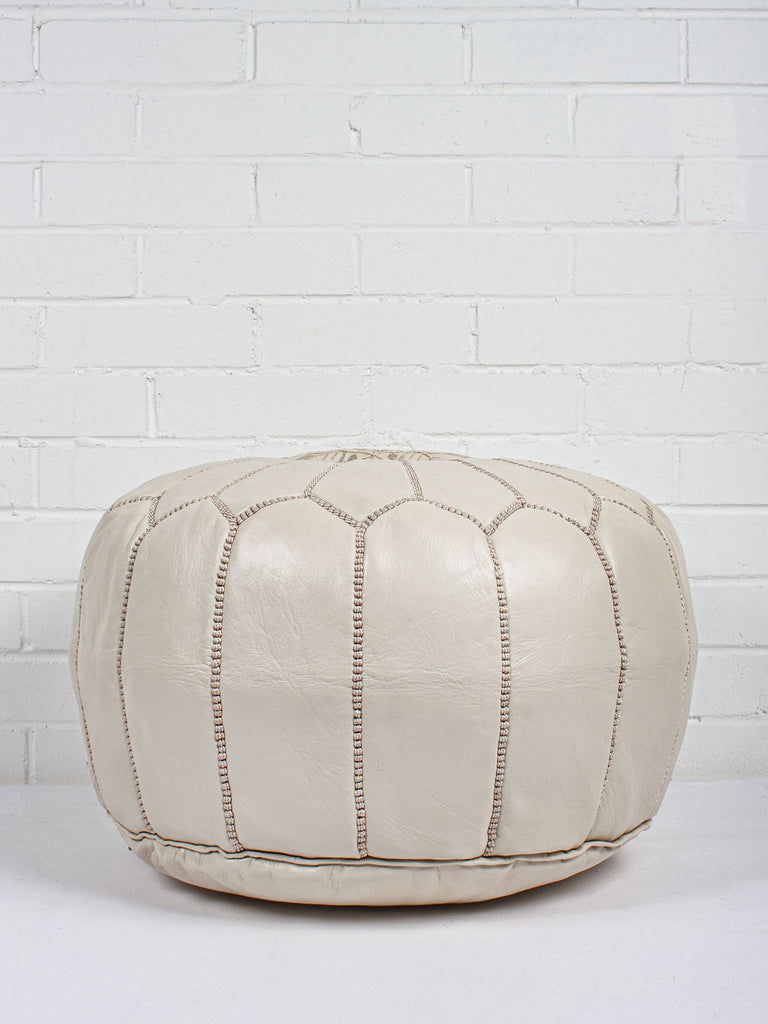 Moroccan Leather Pouffe in chalk colour with embroidered stitched design by Bohemia Design 