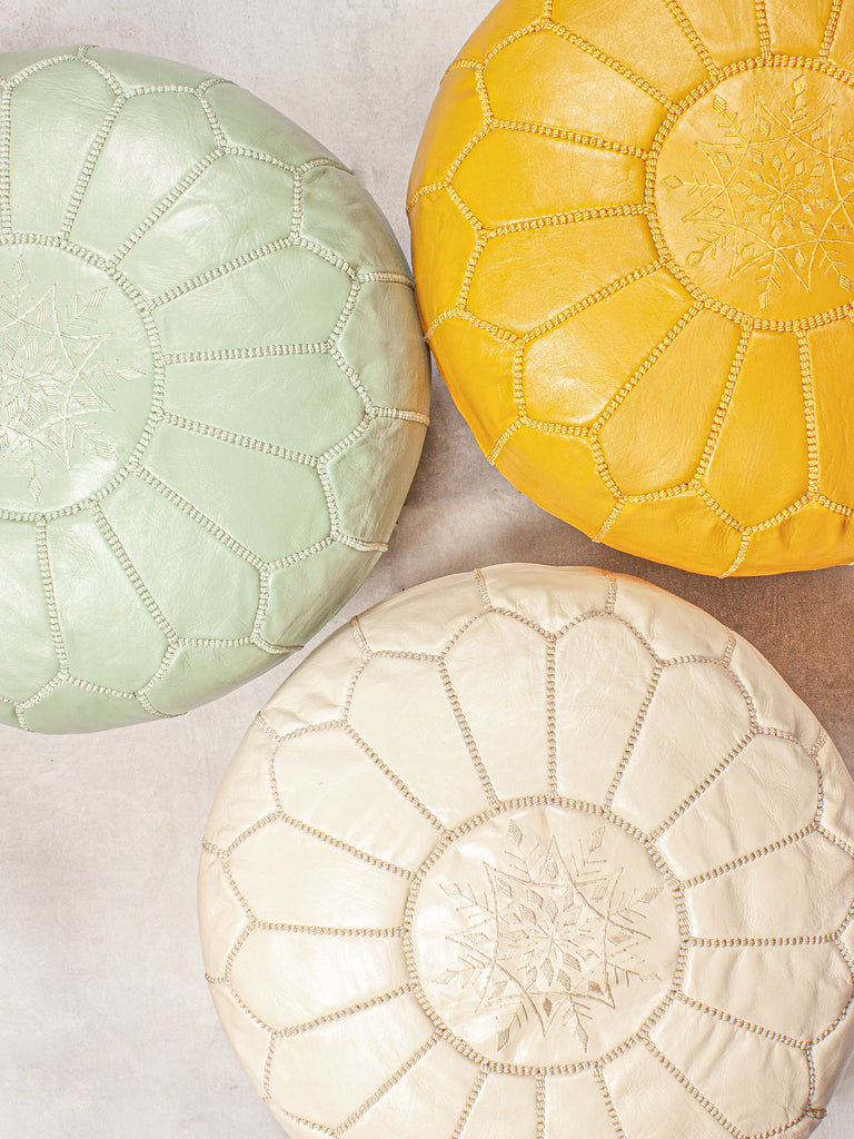 Moroccan Leather Pouffe in chalk, yellow, and sage green colours with embroidered stitched design by Bohemia Design 