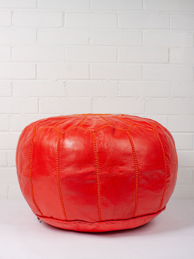 Handmade Moroccan Leather Pouffe in Deep Orange by Bohemia Design with embroidered star pattern