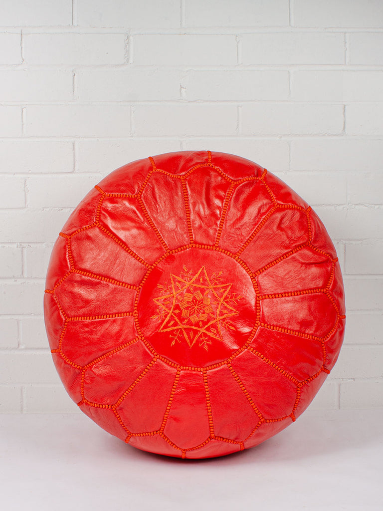 Handmade Moroccan Leather Pouffe in Deep Orange by Bohemia Design with embroidered star pattern