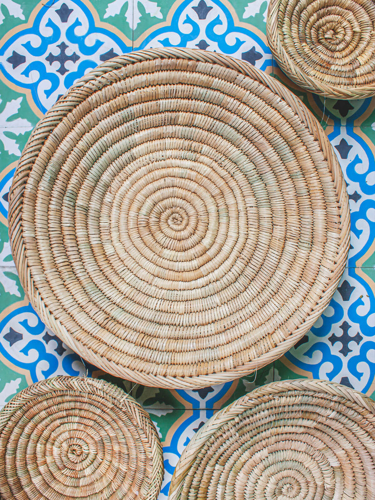 Bohemia Design handmade Moroccan reed plates with blue and green tiles