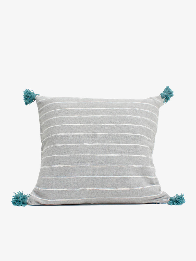 Grey Cotton Scribble Stripe Square Cushions, Blue - Bohemia Design