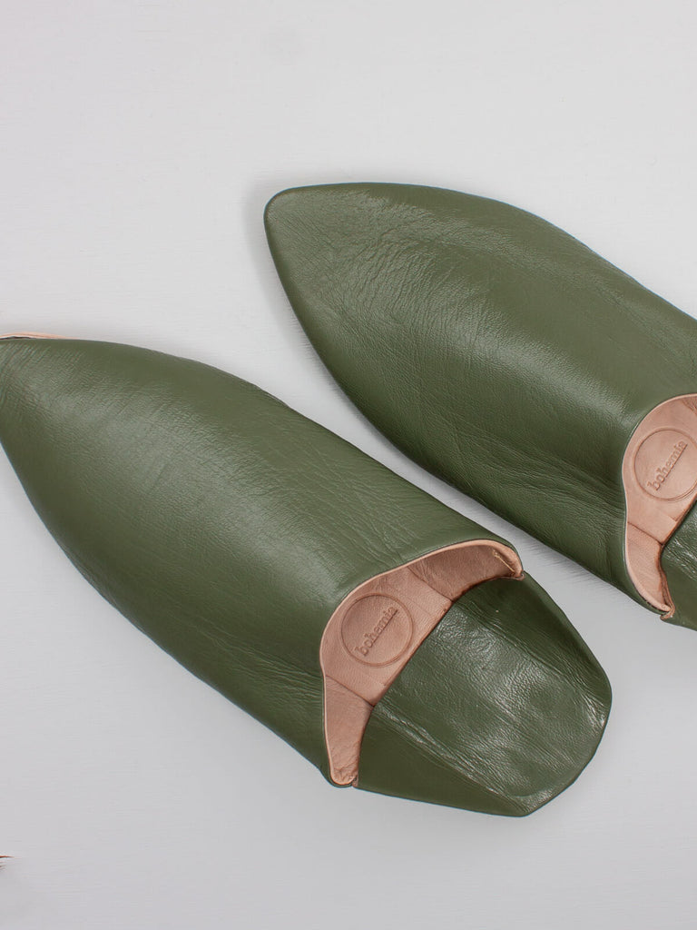Moroccan Mens Pointed Babouche Slippers, Olive - Bohemia Design