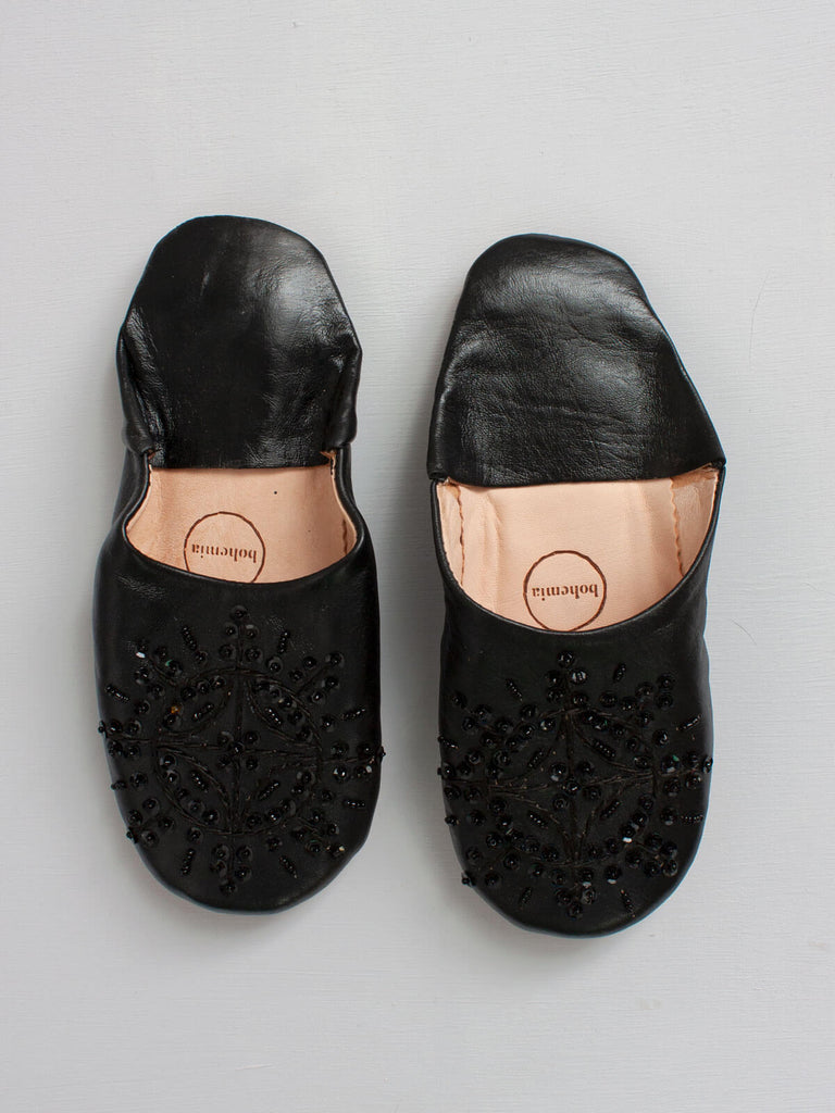 Moroccan Babouche Sequin Slippers, Black | Bohemia Design