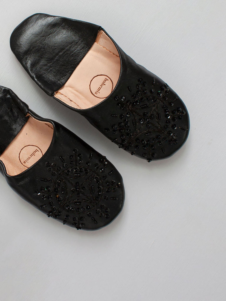 Moroccan Babouche Sequin Slippers, Black | Bohemia Design
