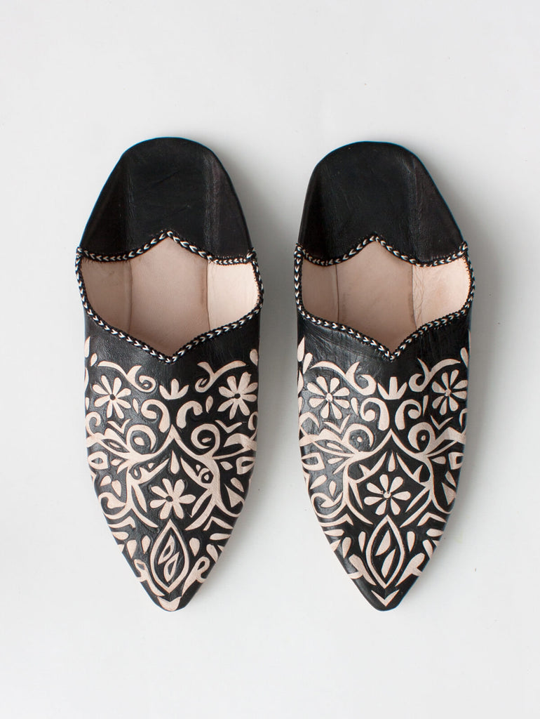 Moroccan Decorative Babouche Slippers, Black - Bohemia Design
