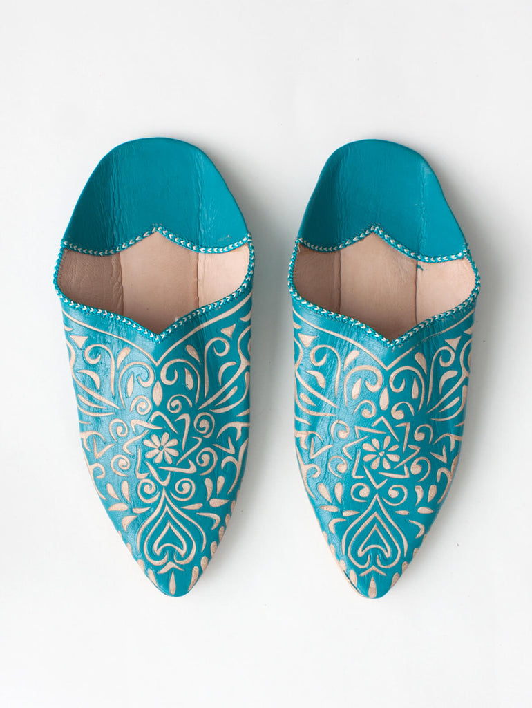 Moroccan Decorative Babouche Slippers, Teal - Bohemia Design