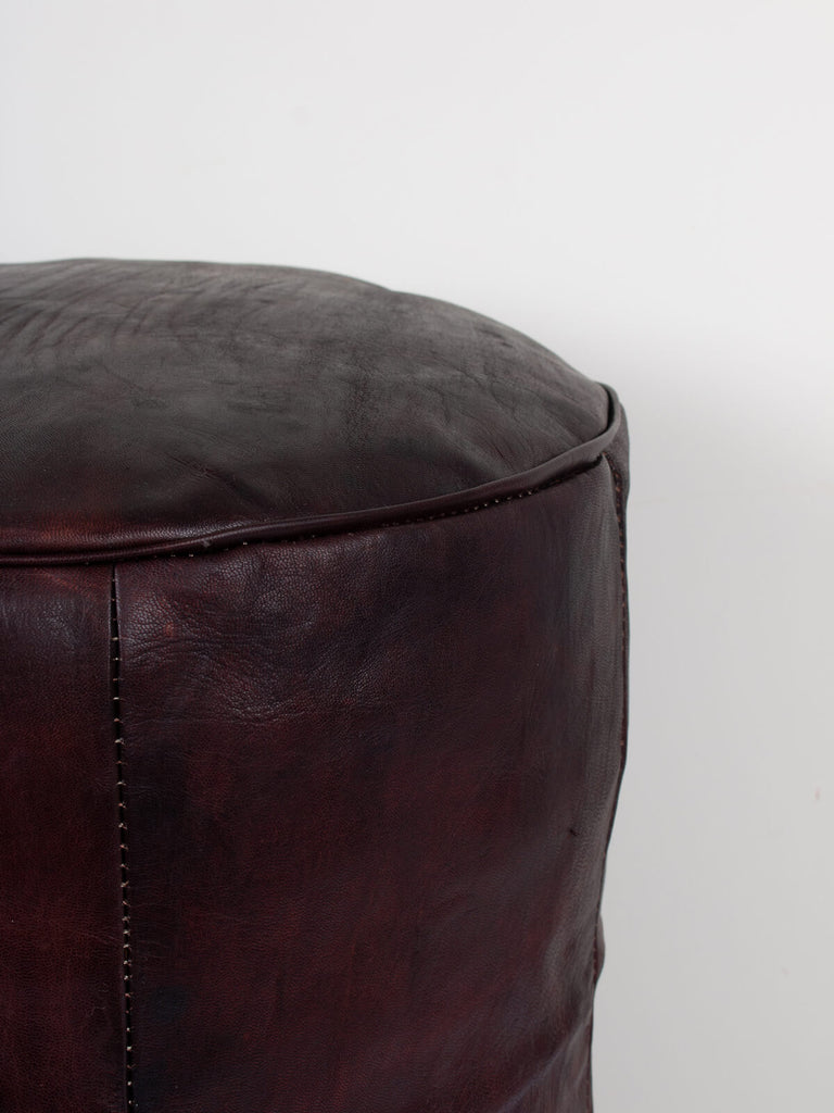 Close up of the Moroccan Leather Plain Drum Pouffe in Dark Chocolate