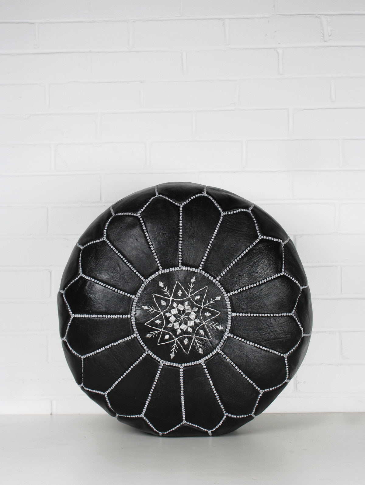 Moroccan Leather Pouffe, Black and Silver