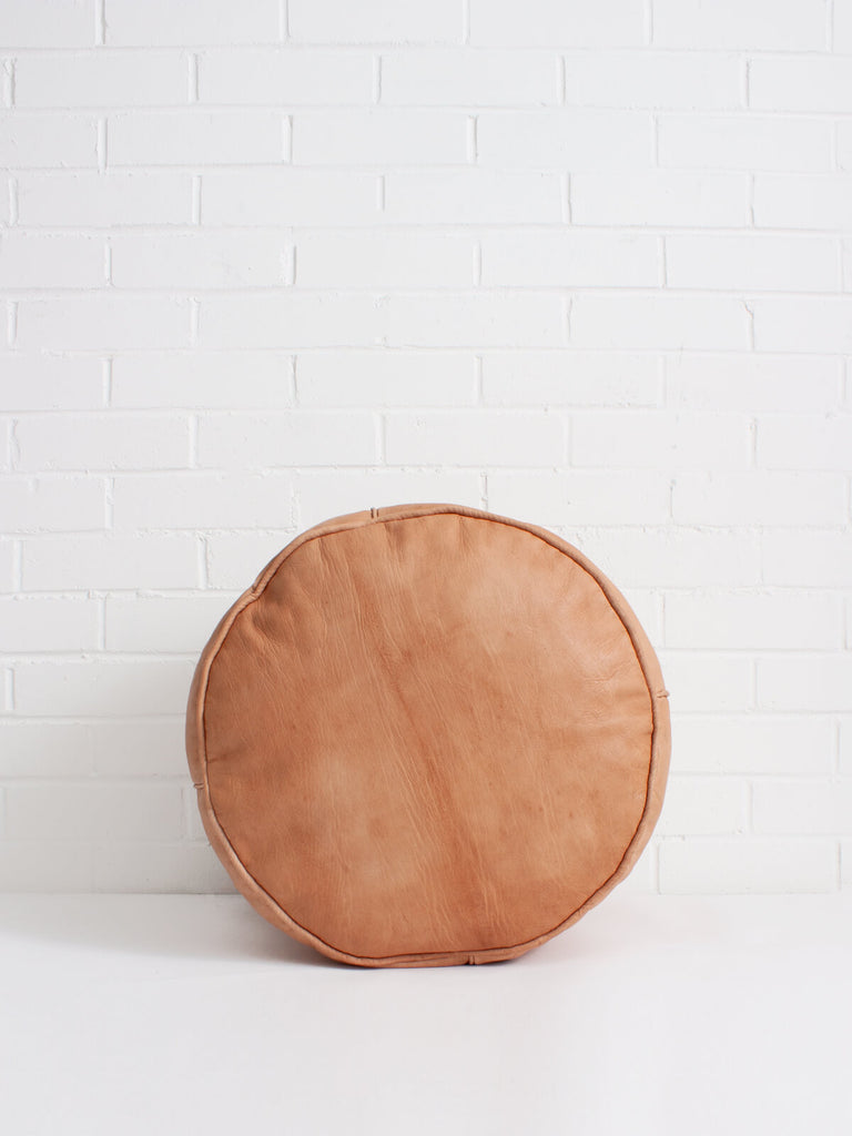 Moroccan Leather Plain Drum Pouffe, Light Tan - Bohemia Design