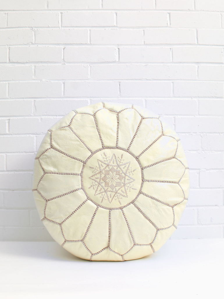 Moroccan leather pouffe hand dyed pale lemon with embroidered design