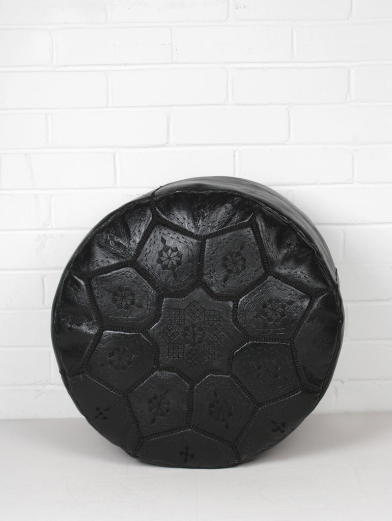 Moroccan Leather Tile Pouffe, Black - Bohemia Design