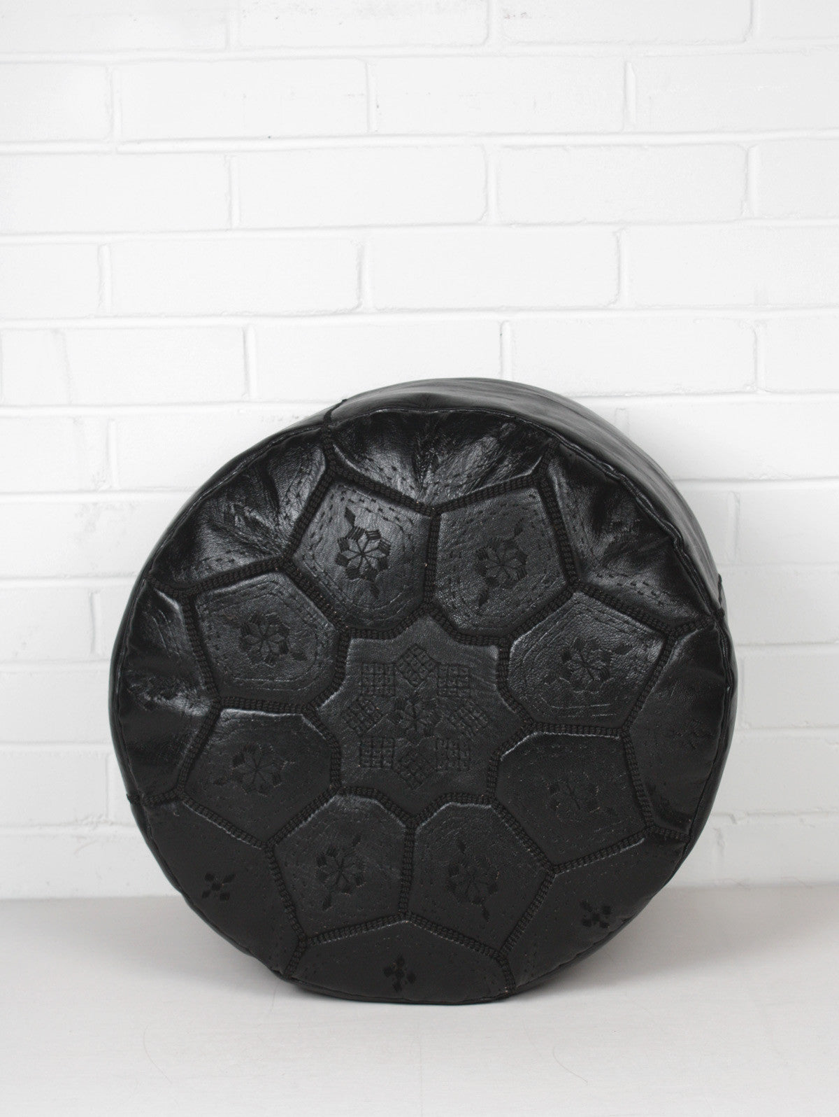 Moroccan Leather Tile Pouffe, Black
