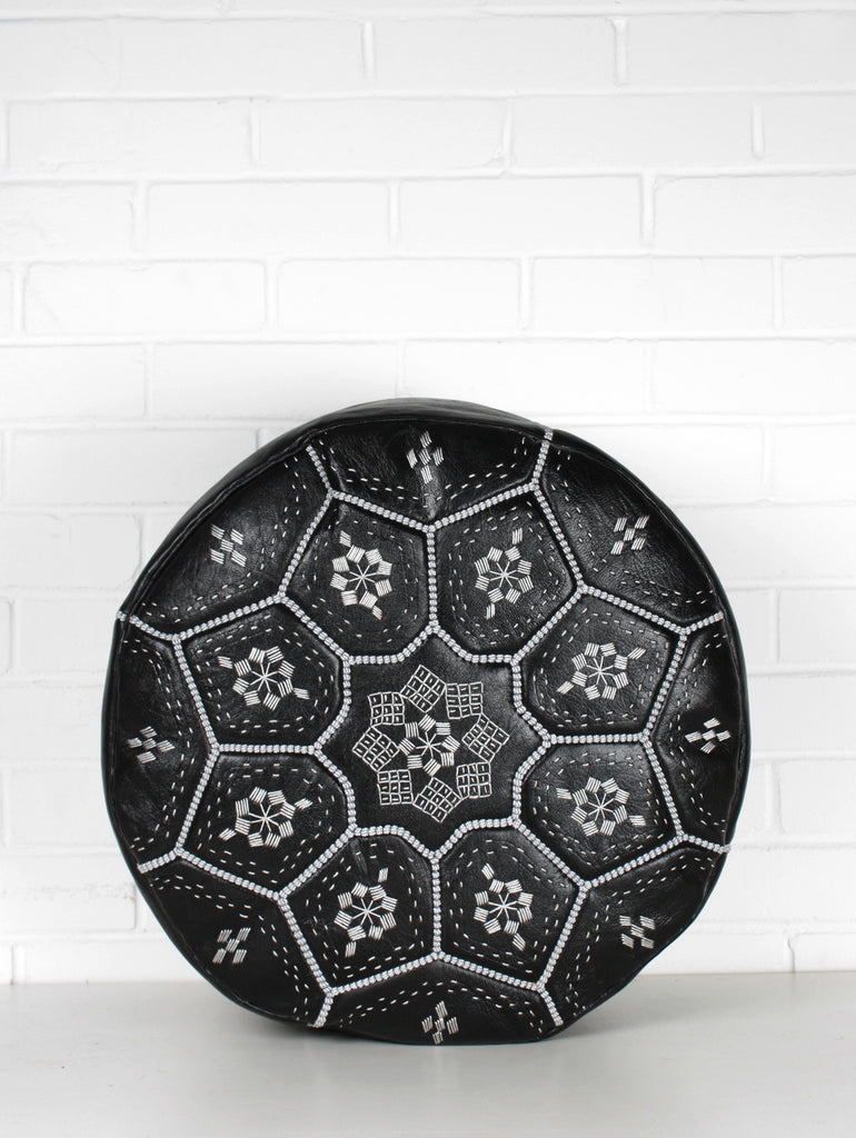Moroccan Leather Tile Pouffe, Black and Silver - Bohemia Design