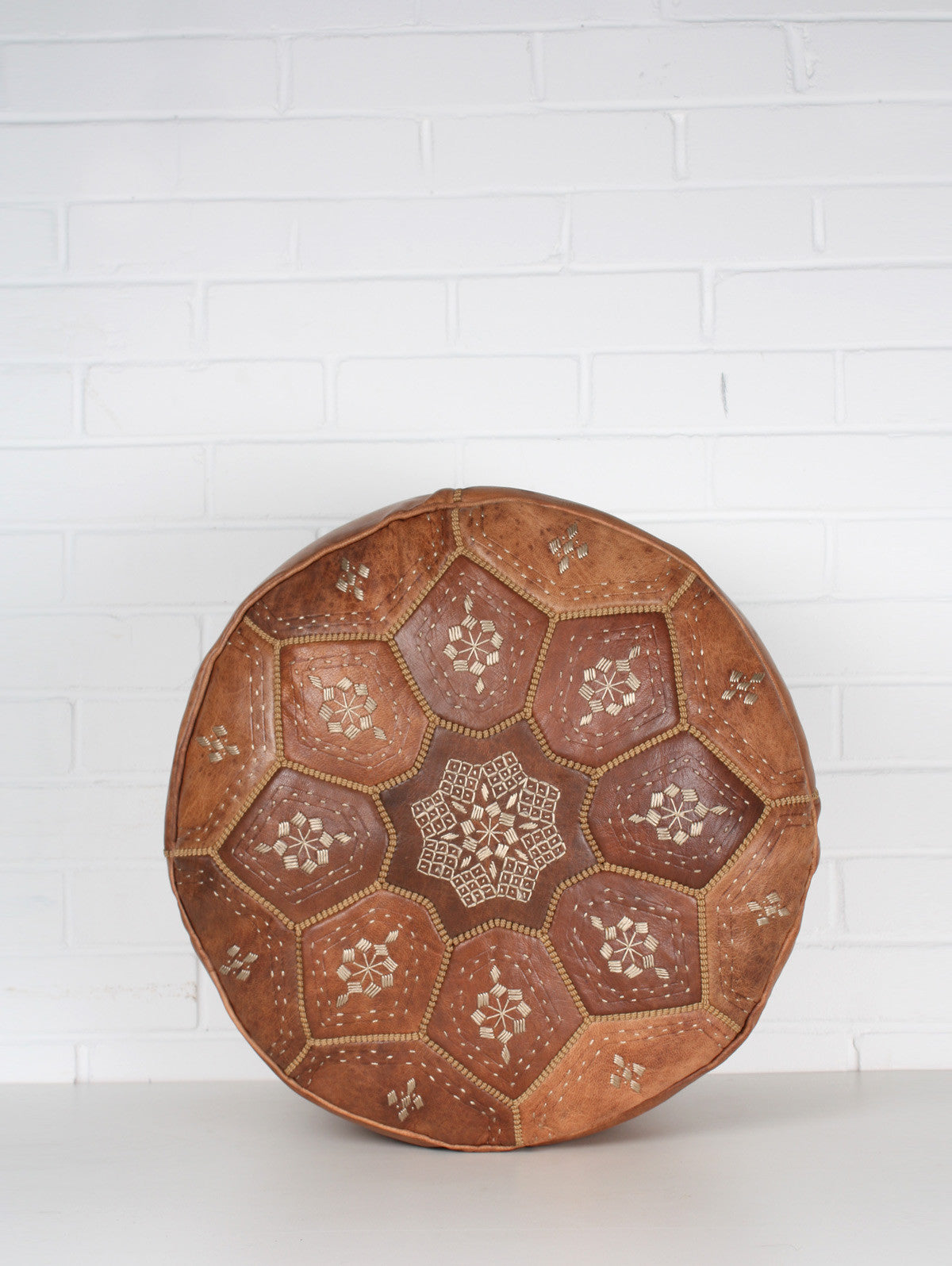 Moroccan Leather Tile Pouffe, Tan