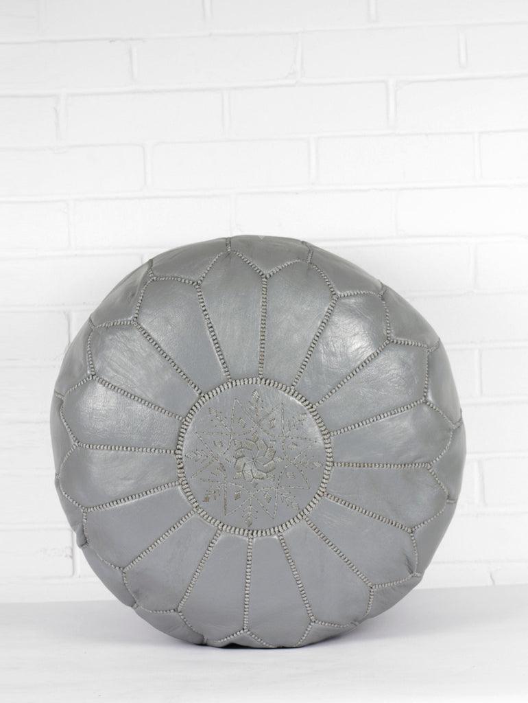 Moroccan Leather Pouffe hand dyed contemporary slate grey