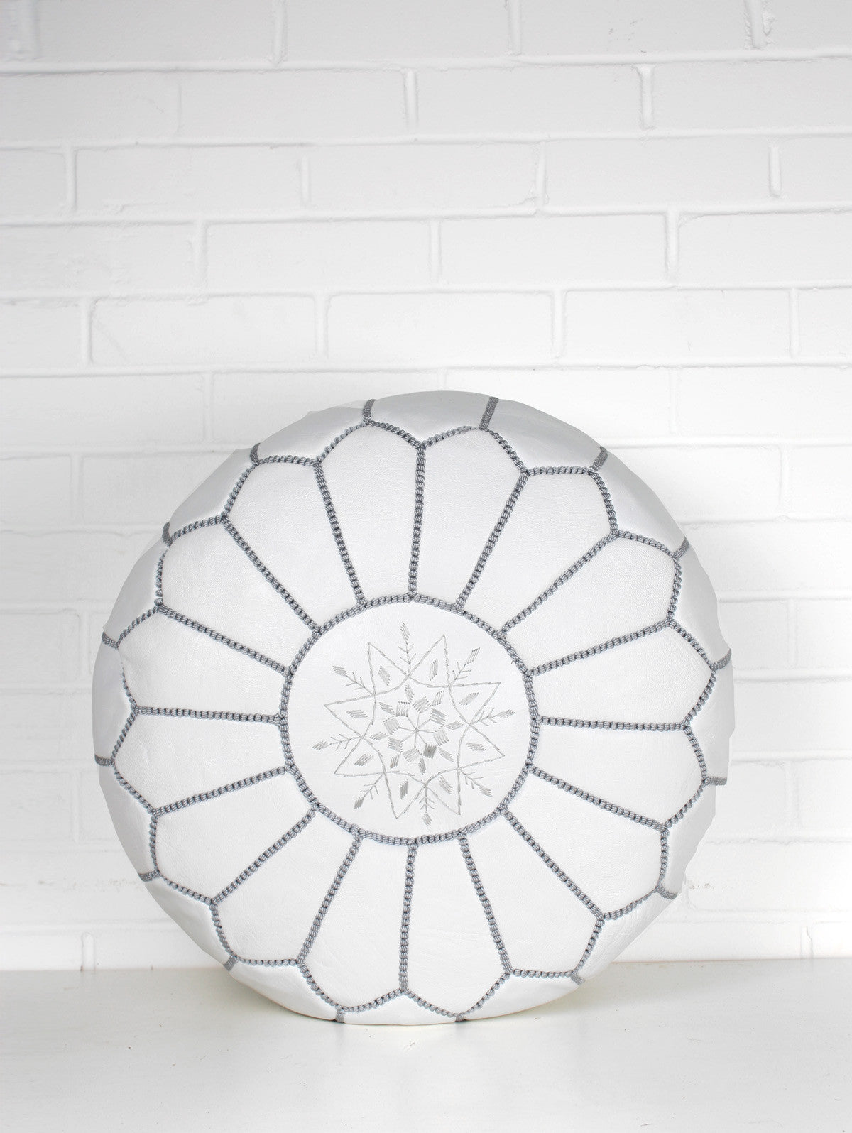 Moroccan Leather Pouffe, White and Grey
