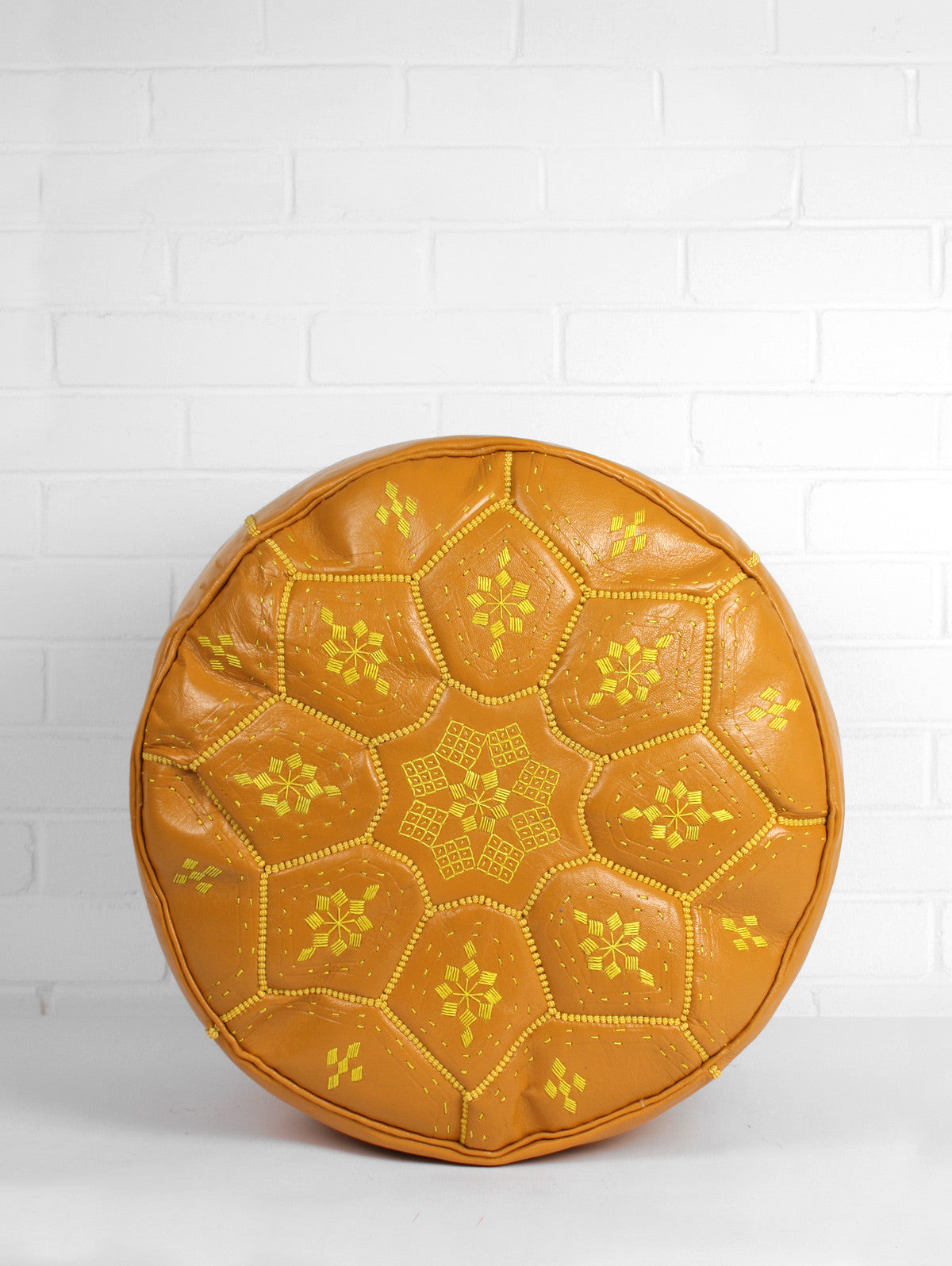 Moroccan Leather Tile Pouffe, Mustard