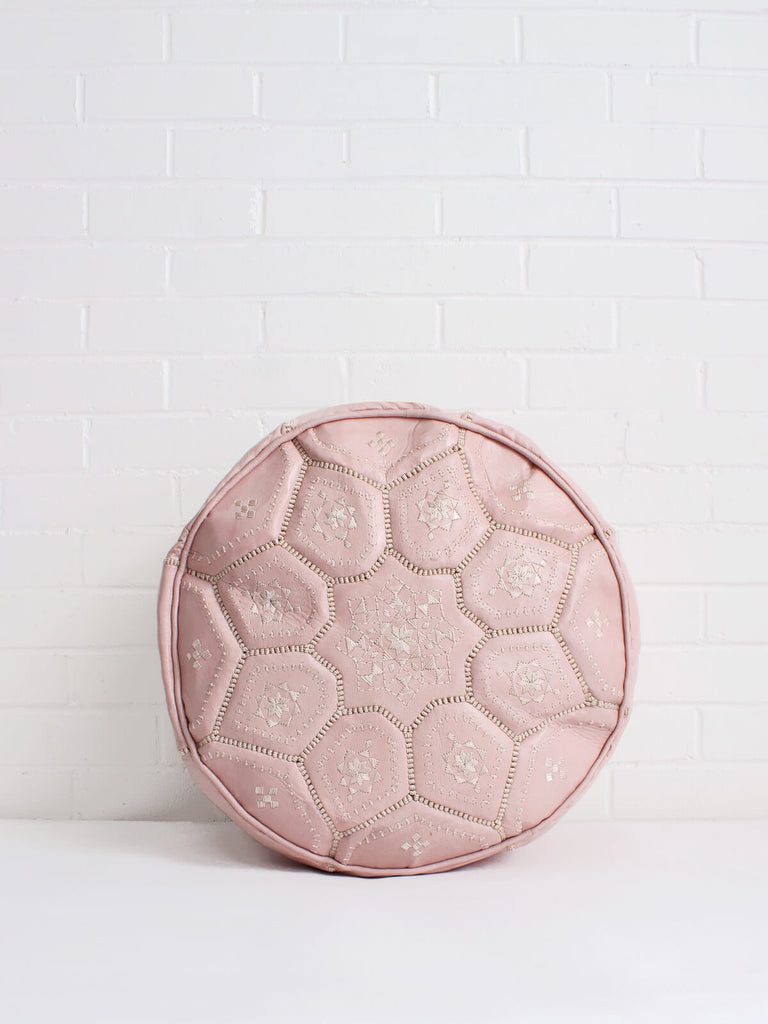 Moroccan Leather Tile Pouffe, Soft Pink - Bohemia Design