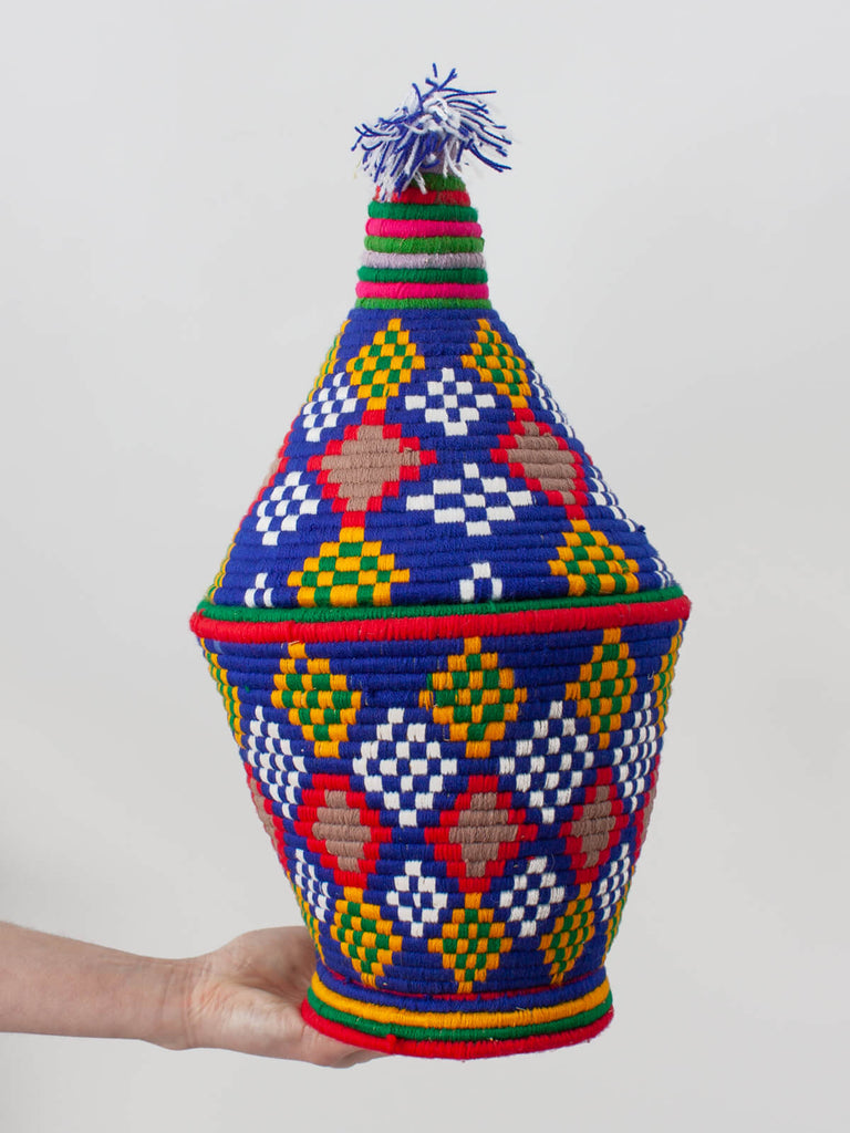 Moroccan wool storage pot by Bohemia Design in blue pattern