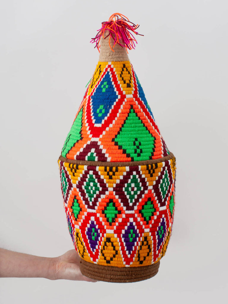 Tall Moroccan wool storage pot by Bohemia Design in multicoloured pattern