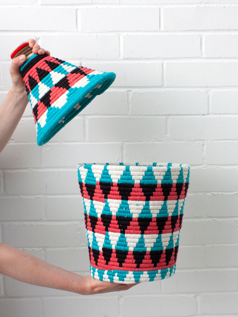 Moroccan wool storage pot by Bohemia Design in blue and red pattern