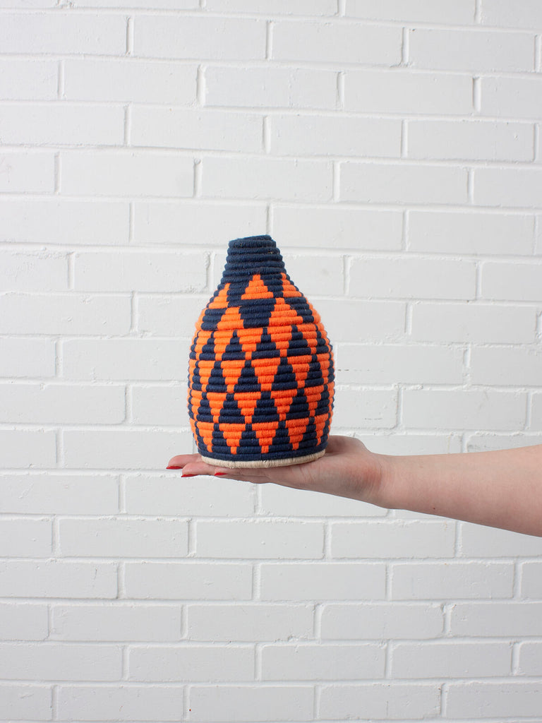 Moroccan wool storage pot by Bohemia Design in navy and orange pattern