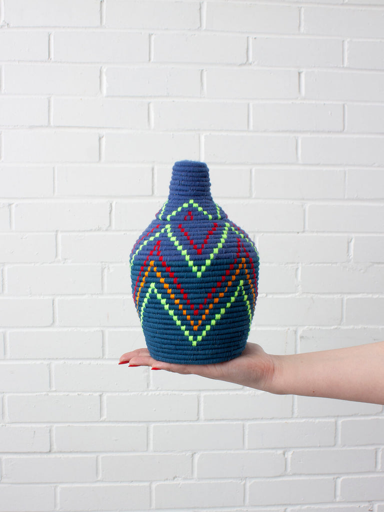 Moroccan wool storage pot by Bohemia Design in navy and neon chevron pattern