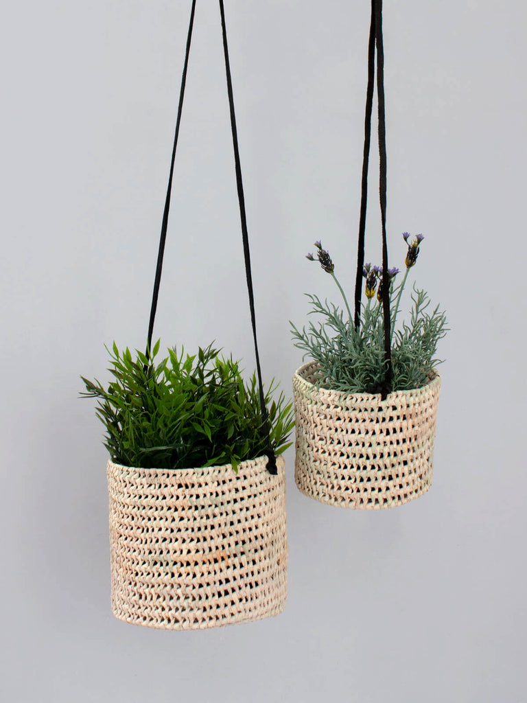 Natural woven open weave indoor hanging basket with black leather