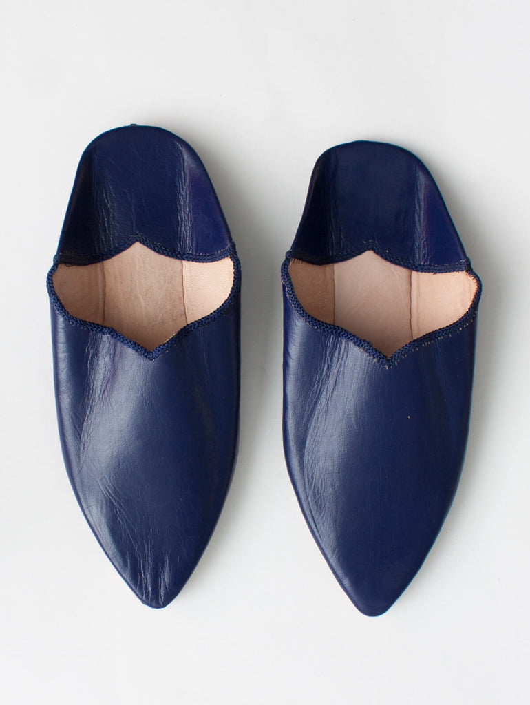 Moroccan Plain Pointed Babouche Slippers, Cobalt - Bohemia Design