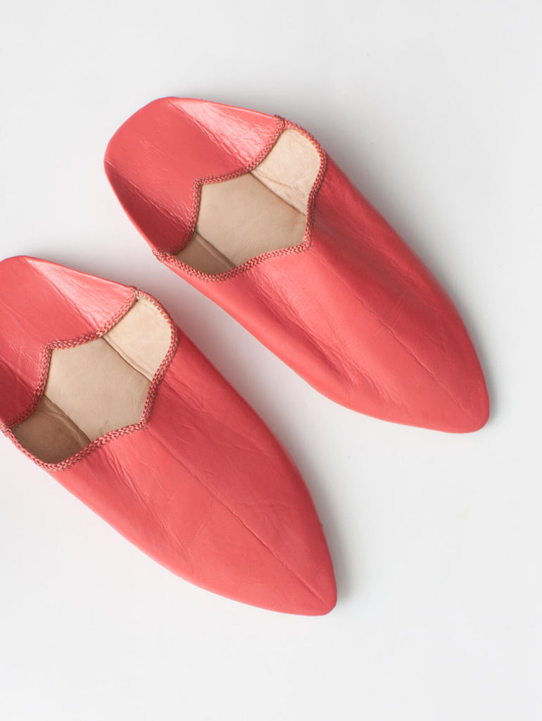 Moroccan Plain Pointed Babouche Slippers, Coral - Bohemia Design