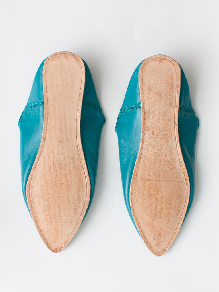 Moroccan Plain Pointed Babouche Slippers, Teal - Bohemia Design