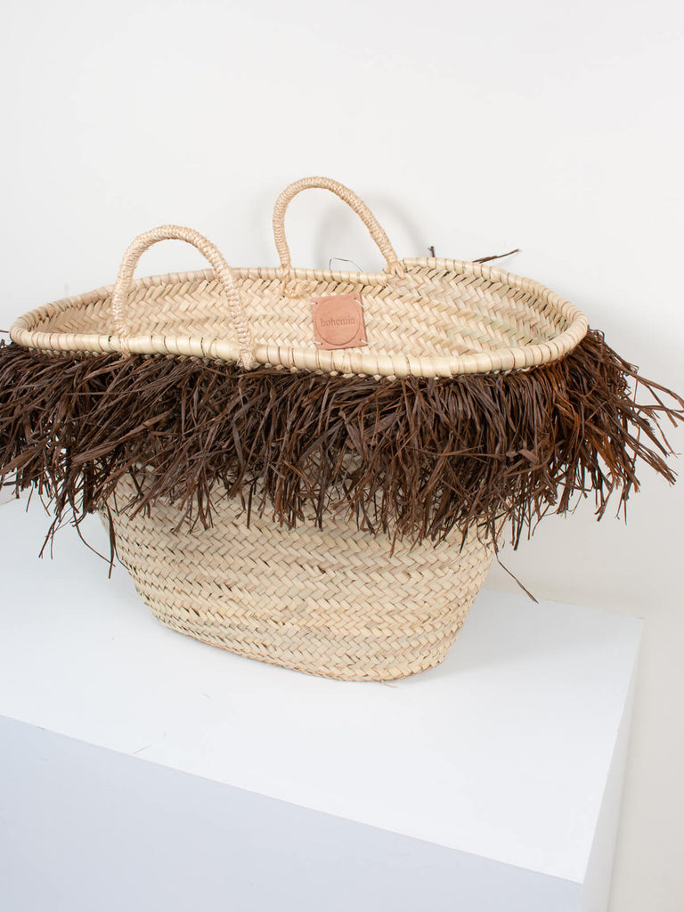 Medium Raffia Tassel Basket, Tobacco