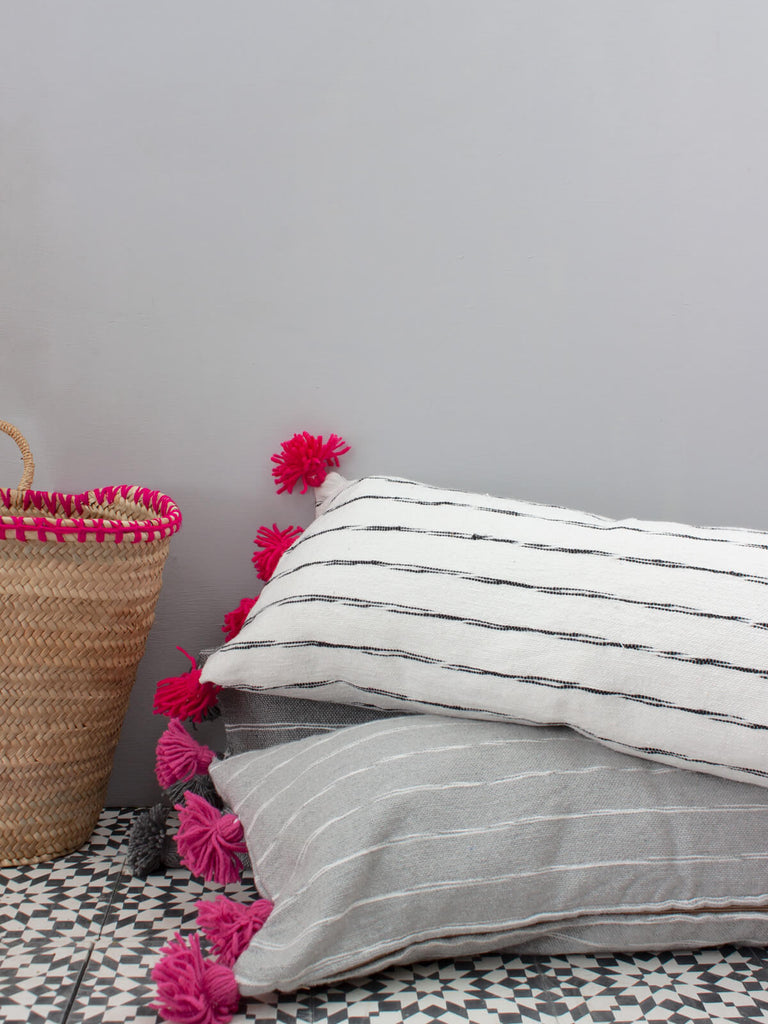 Grey Cotton Scribble Stripe Rectangle Cushions, Pink - Bohemia Design