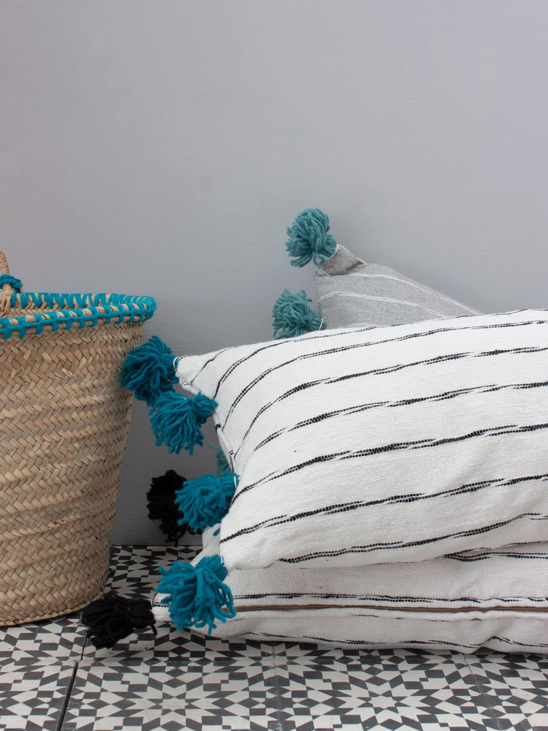White Cotton Scribble Stripe Rectangle Cushions, Blue - Bohemia Design