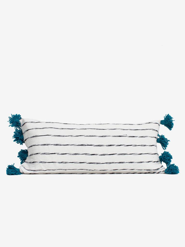 White Cotton Scribble Stripe Rectangle Cushions, Blue - Bohemia Design