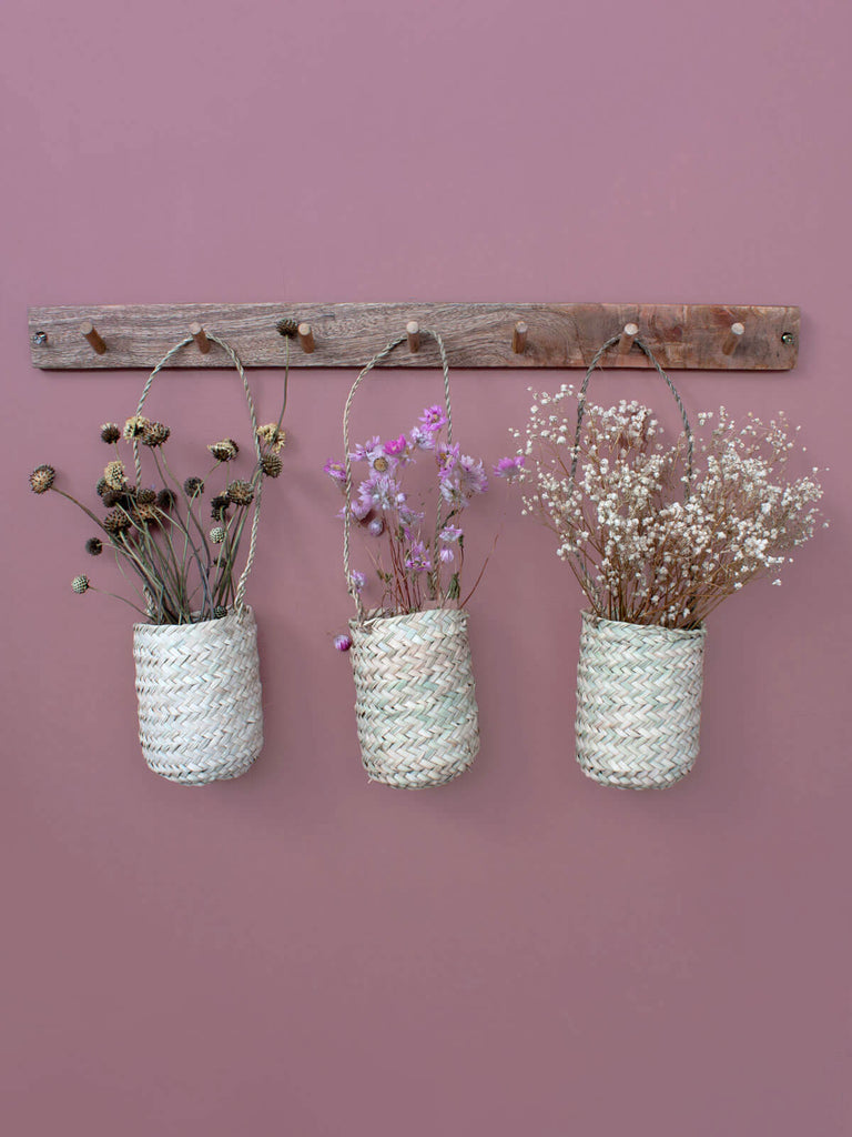 Three Mini Hanging Pots on a wooden hook filled with dried flowers