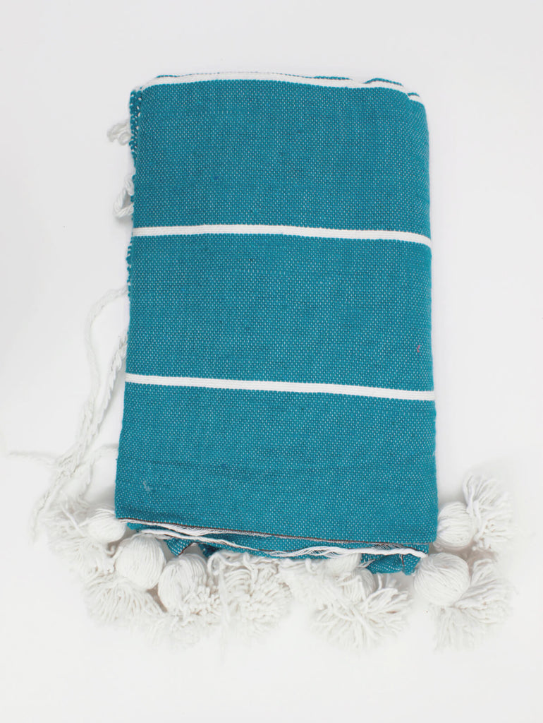 Tassel Pom Pom Blanket, Aqua - Bohemia Design