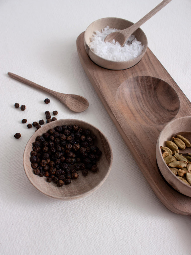 Walnut Wood Mini Spice Bowl Set with salt, pepper and cardamon seeds 