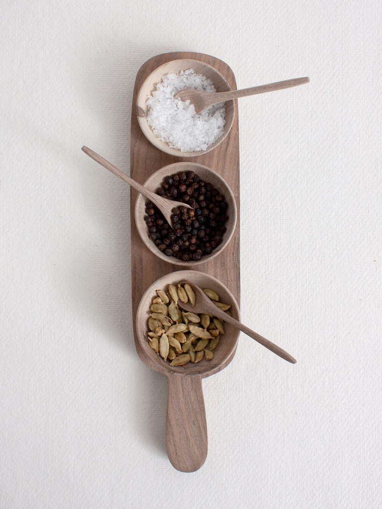 Walnut Wood Mini Spice Bowl Set with salt, pepper and cardamon seeds 