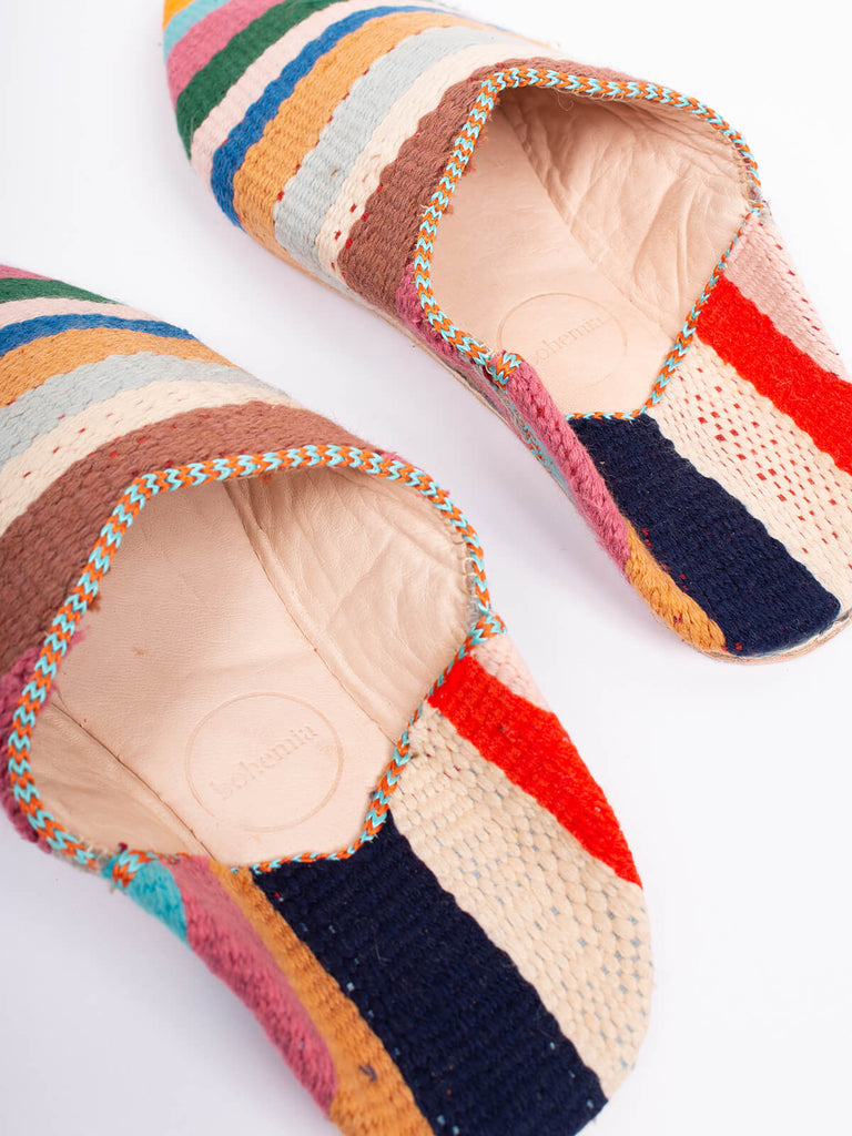 Moroccan pointed boujad babouche slippers in a mult-stripe pattern by Bohemia Design