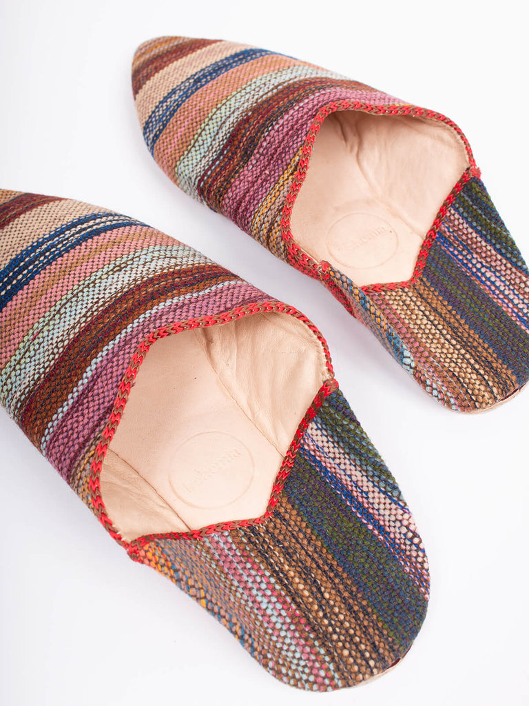 Moroccan boujad babouche slippers in atlas stripe pattern by Bohemia design