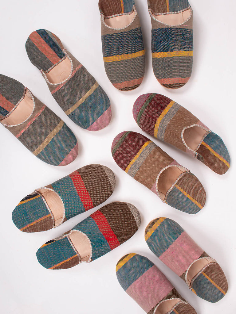 Group of Bohemia design boujad babouche slippers in camel stripe pattern