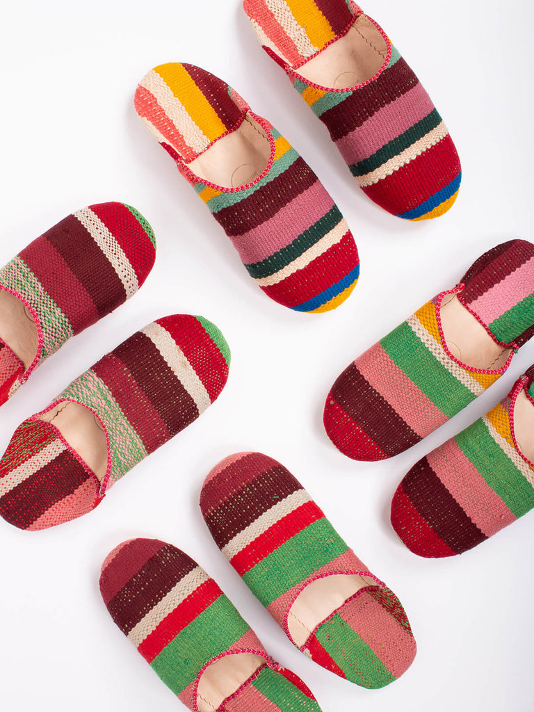 Group of Moroccan boujad babouche slippers in carnival stripe pattern by Bohemia Design