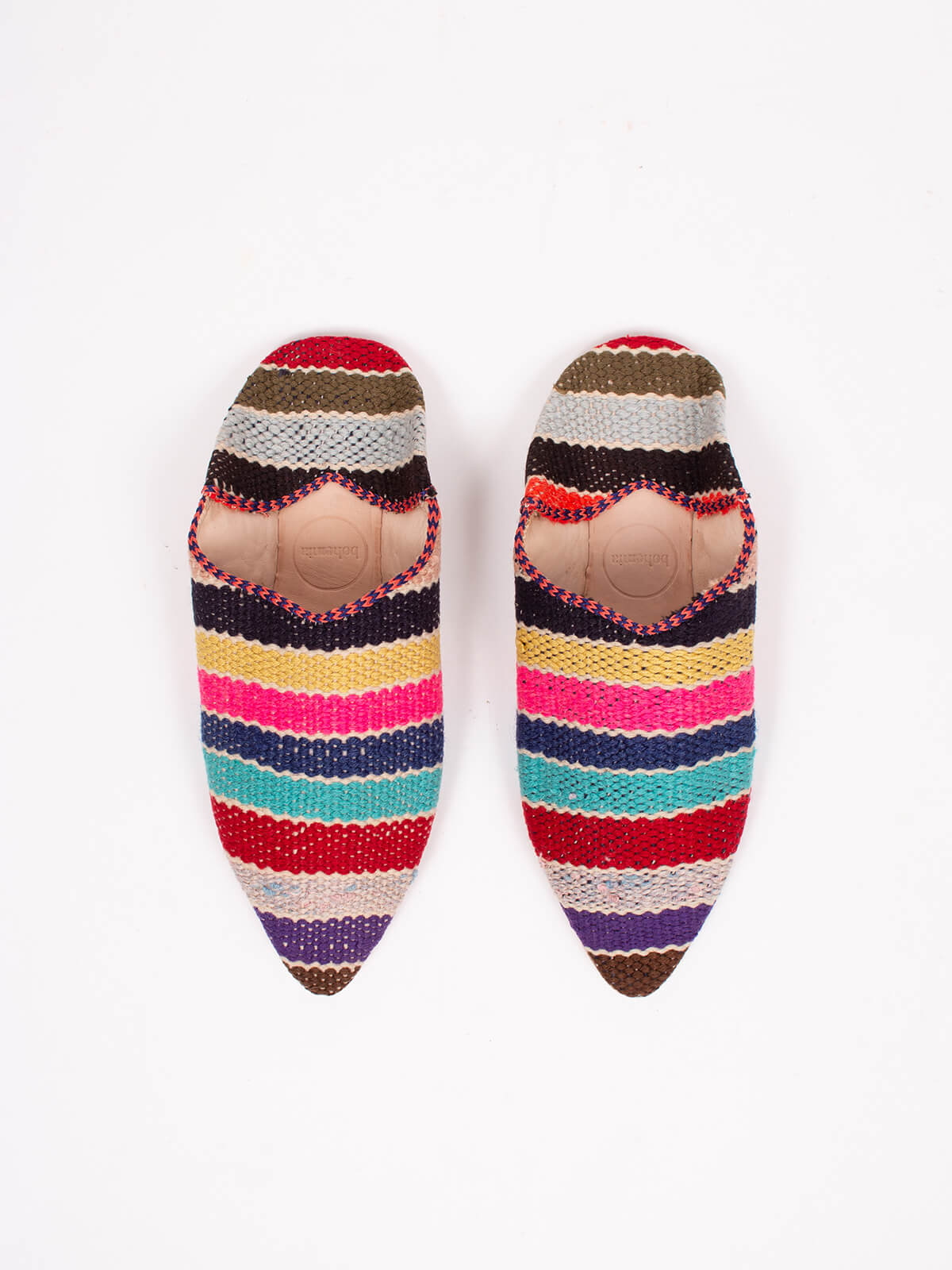 Moroccan Boujad Pointed Babouche Slippers, Multi Stripe