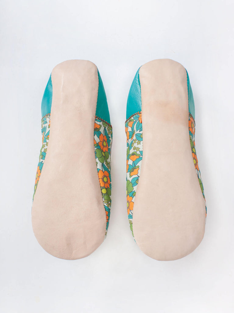 Underside of Bohemia Design Margot babouche slippers in aqua floral