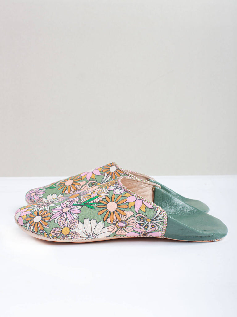 Bohemia Design Margot babouche slippers in floral green and pink pattern