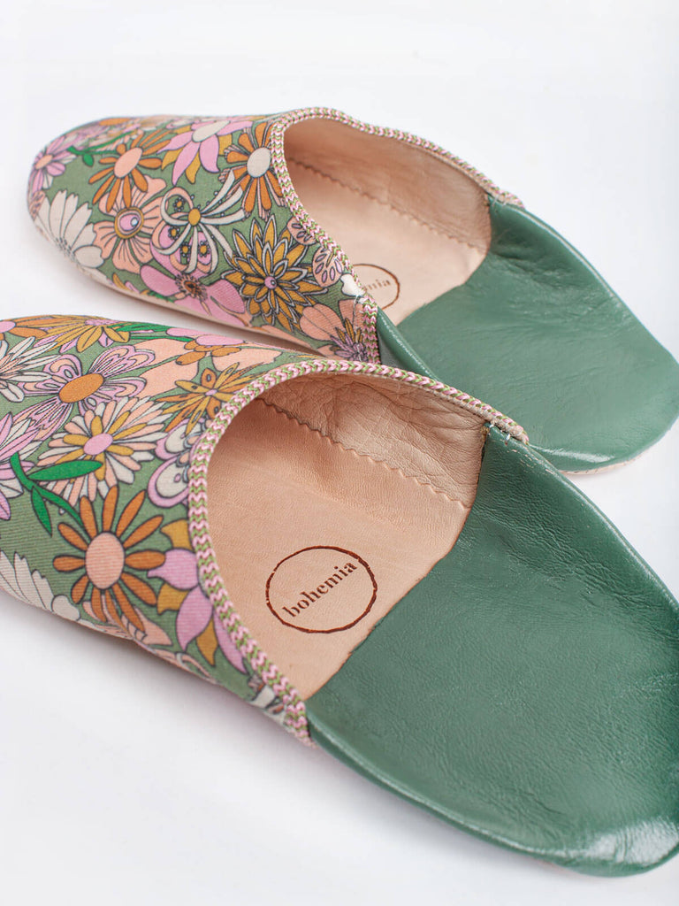 Bohemia Design Margot babouche slippers in floral green and pink pattern